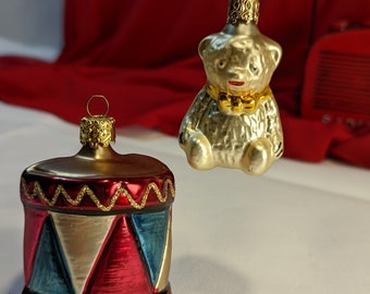 Christmas Ornaments Set of Two Drum Bear Glass Hand Blown Christmas Tree Decorations Hand Painted Made In Germany