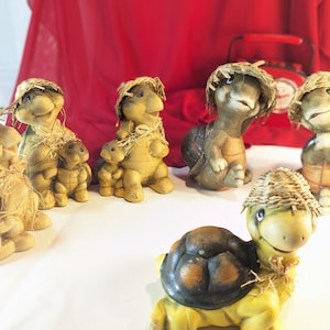 Pitter Pottery Vintage Dollarama Turtles Figurines with Straw Hats Set of Six Ceramic Turtle Garden Figures Hand Painted Tortoise Characters