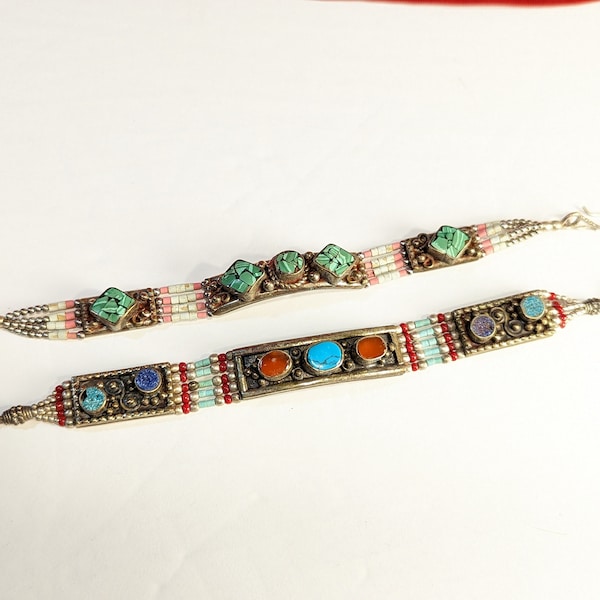 Set of Two Nepalese Tibettan Style Bracelets Beaded Silver Tone Turquois Jade Glass Amber Stone and silver bead 7 1/2" Vintage Jewelry