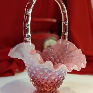 Fenton Art Glass Cranberry Opalescent Hobnail Basket Model 389 Ruffle Collar clear handle  4 1/2&quot; Hand Blown Glass Basket Depression Glass