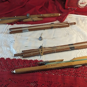 Handmade Ice Fishing Tip Up and Downs Vintage or Antique Hand Wound Wood and Fishing Line Fishing Accessory 4 Pieces plus parts
