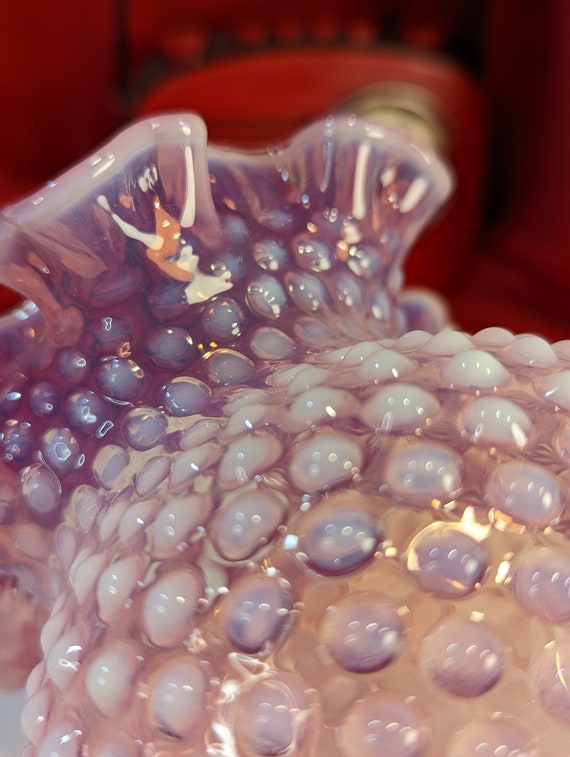 693 骨董 アンティーク ピンクオパール渦巻き紋様花瓶 フリルガラス 明治 Fenton Art Glass Pink Opalescent Hobnail Ruffle Double Crimp