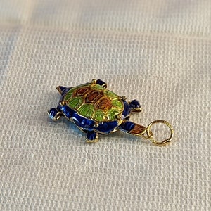 Turtle Pendant Goldtone Metal and Enamel Articulated Arms, Head and Tail Hand Painted Blue Enamel Decorated Delicate Tortoise