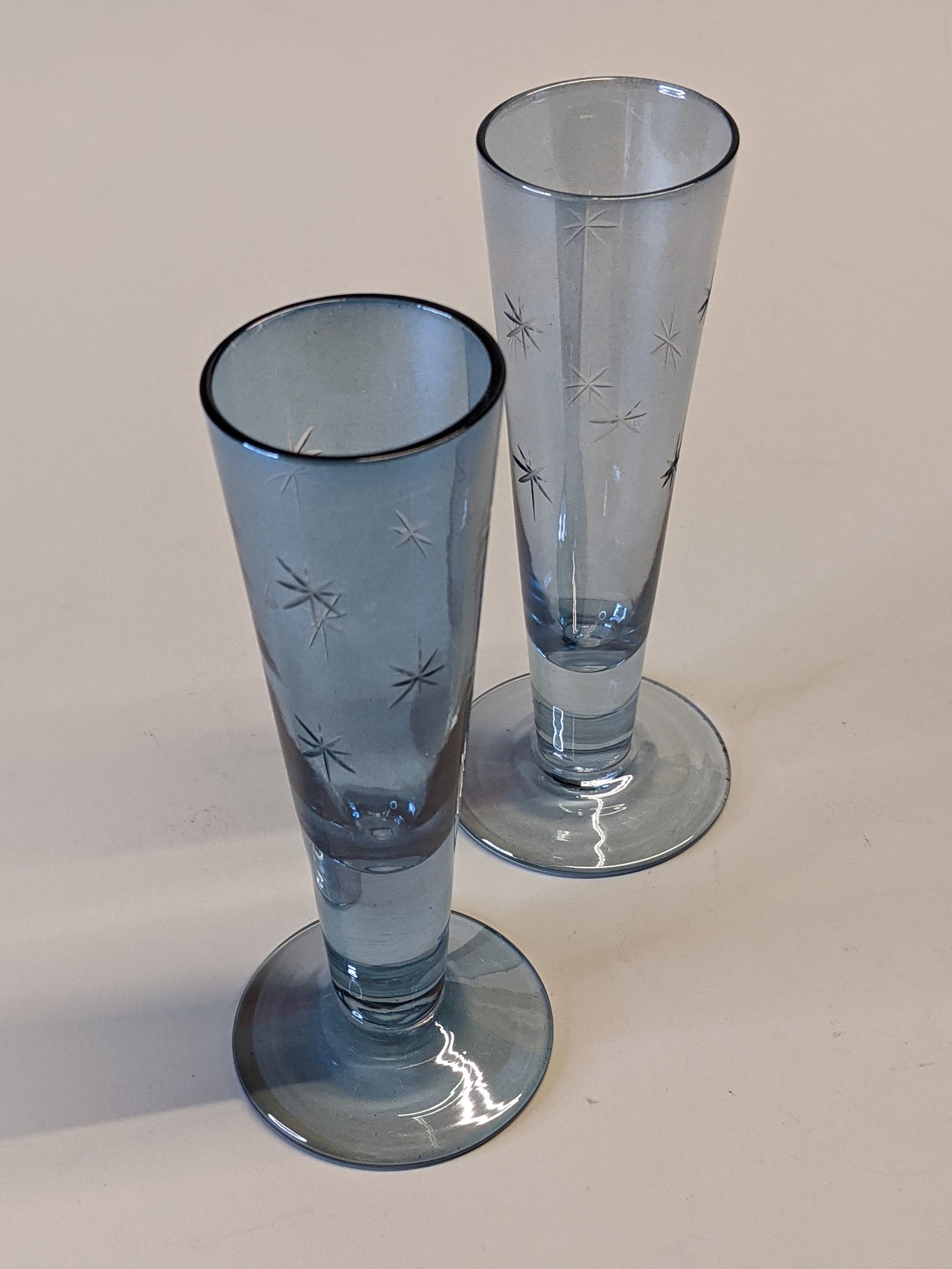 Vintage Etched glass cut glass blue shot glasses mid century Etsy