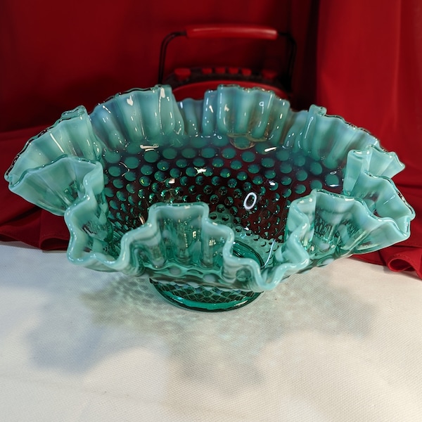 Fenton Art Glass Green Opalescent Hobnail 10" Fruit Bowl Hand Blown Acqua Green Large Serving Bowl Elegant GLass Serving Dish