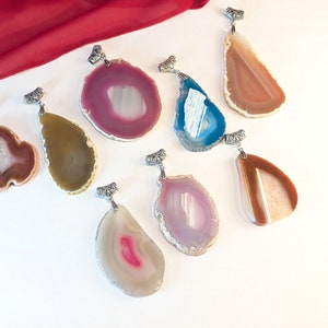 Agate Geode Slices Vintage 1/4" thick sliced stone 8 piece set drilled and hanger attached 2" X 3" natural and dyed colours Pink Brown Blue