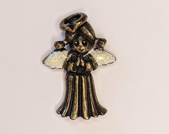 Angel lapel pin with sparkly enamel wings, bronze colour