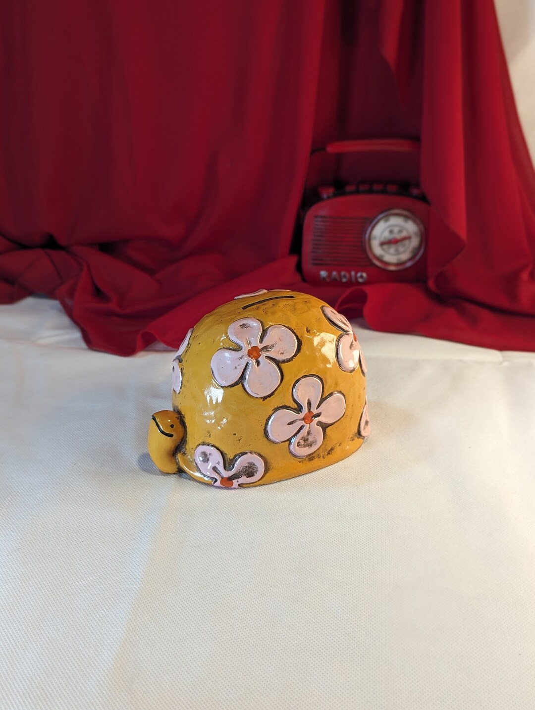 Turtle Coin Bank Vintage Resin Hand Painted Flower Power Etsy