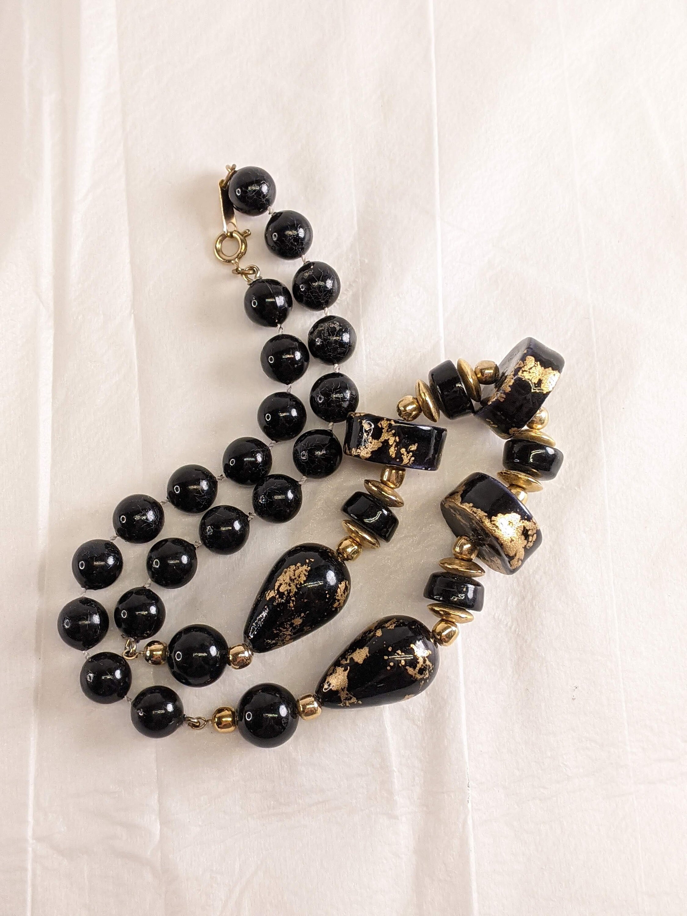 Collier Vintage Perles Or Et Galets Noir - Fermoir à Vis - État Impeccable - Bijou Unique