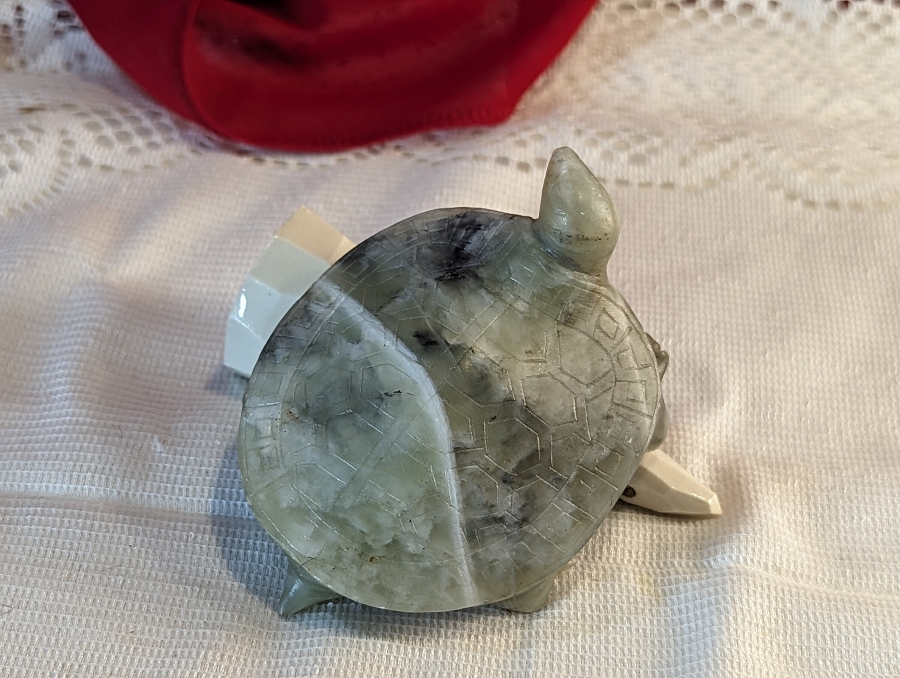 Jade Turtle Figurine Hand Carved and Decorated Tortoise Jadite or Stone Etched Shell Decoration Made In China Souvenir Lucky Charm