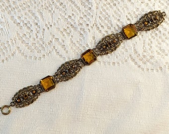 Max Neiger Bracelet Brass and Yellow Topaz Colour Glass Crystal Link Antique or Vintage Costume Jewelry Unmarked