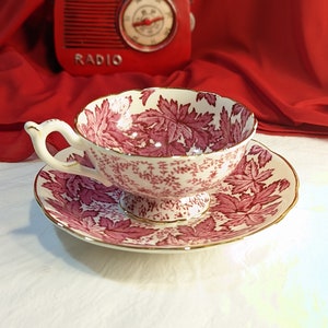 Pode incluir: Um conjunto vintage de chávena e pires com um padrão floral rosa. A chávena tem uma pega delicada e uma borda festonada. O pires tem um design floral correspondente e uma borda dourada.