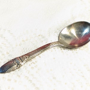 Puede incluir: Una cucharadita de plata con un mango adornado. La cuchara tiene un cuenco redondeado y un mango ligeramente curvado.