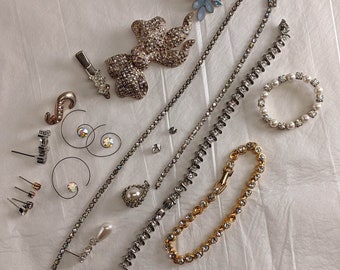 Rhinestone costume jewelry lot, broken pieces for repurposing