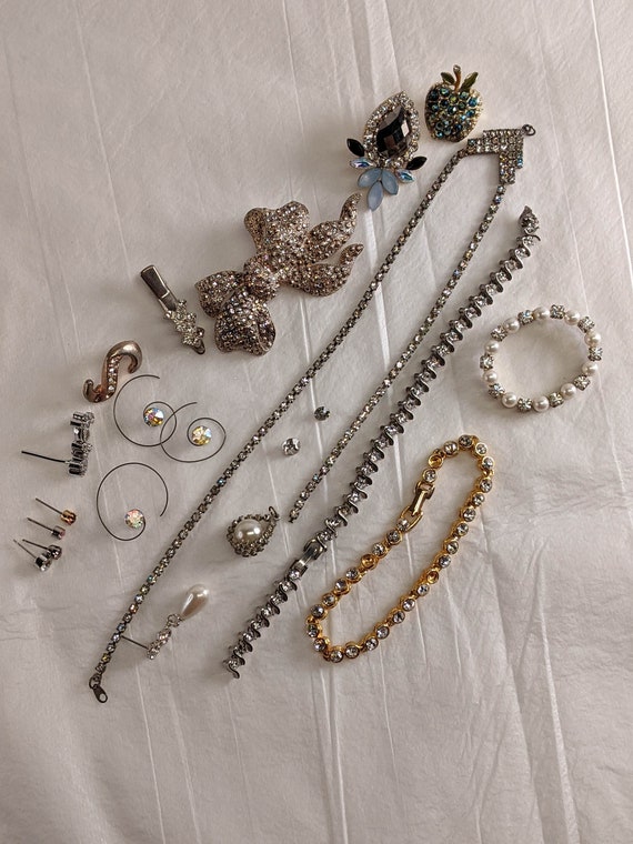Rhinestone costume jewelry lot, broken pieces for repurposing