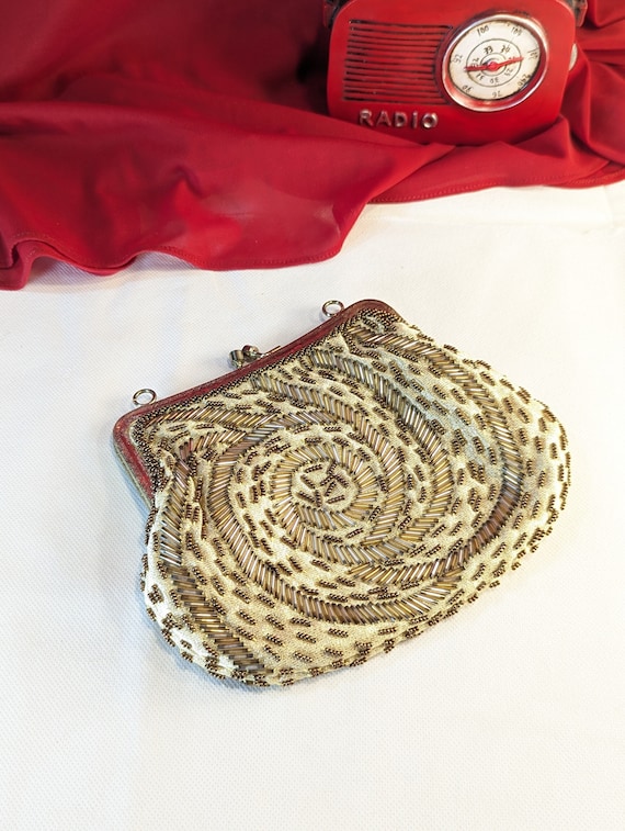 Hand Bag Glass Bead Gold Design Formal Evening bag with gold satin lining gold frame 1980's stylish designer purse no strap or chain