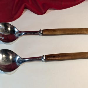 Roster Sweden MCM Stainless steel and Teak Salad Serving Utencil Set Spoon and Fork Set Serving Utencils 10&quot; long