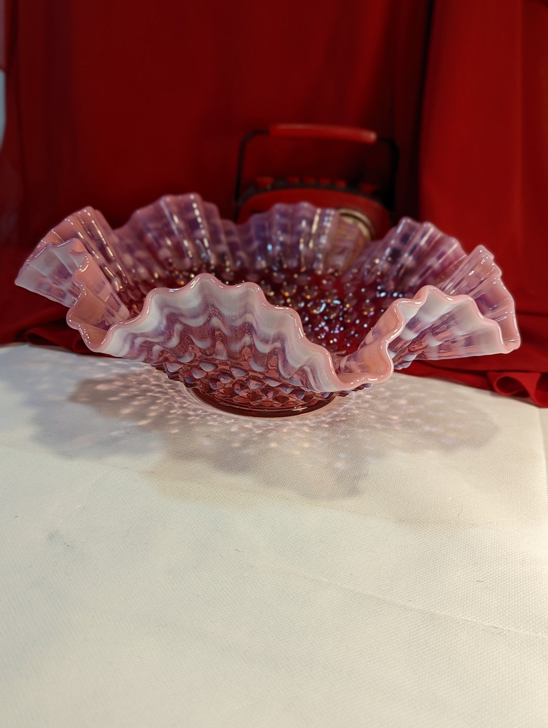 Fenton Art Glass Bowl Hobnail Cranberry Opalescent 10" Flared Double ...