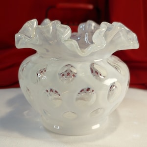 Fenton French Opalescent Coin Dot Flower Vase # 201 White and Crystal Hand Blown Art Glass Vase Round with Ruffled Collar Double Crimp