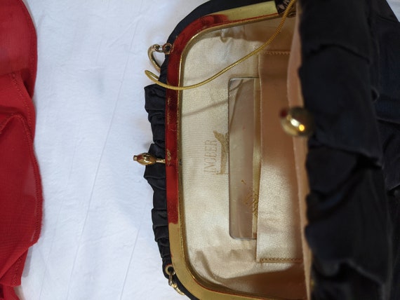 Vintage black satin purse with gold tone chain pu… - image 4
