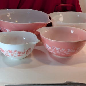 PYREX Gooseberry Pink and White 4 Piece Cinderella Mixing Bowl Set Vintage PYREX  441, 442, 442, 444 Ovenware Made in the USA