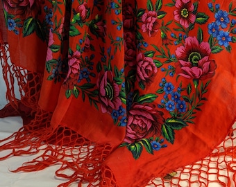 Grosse Woll Stola /Schal Hand gehäkelt Franse Knallrot Knallpink Blumen Schweiz Typ Made in Japan