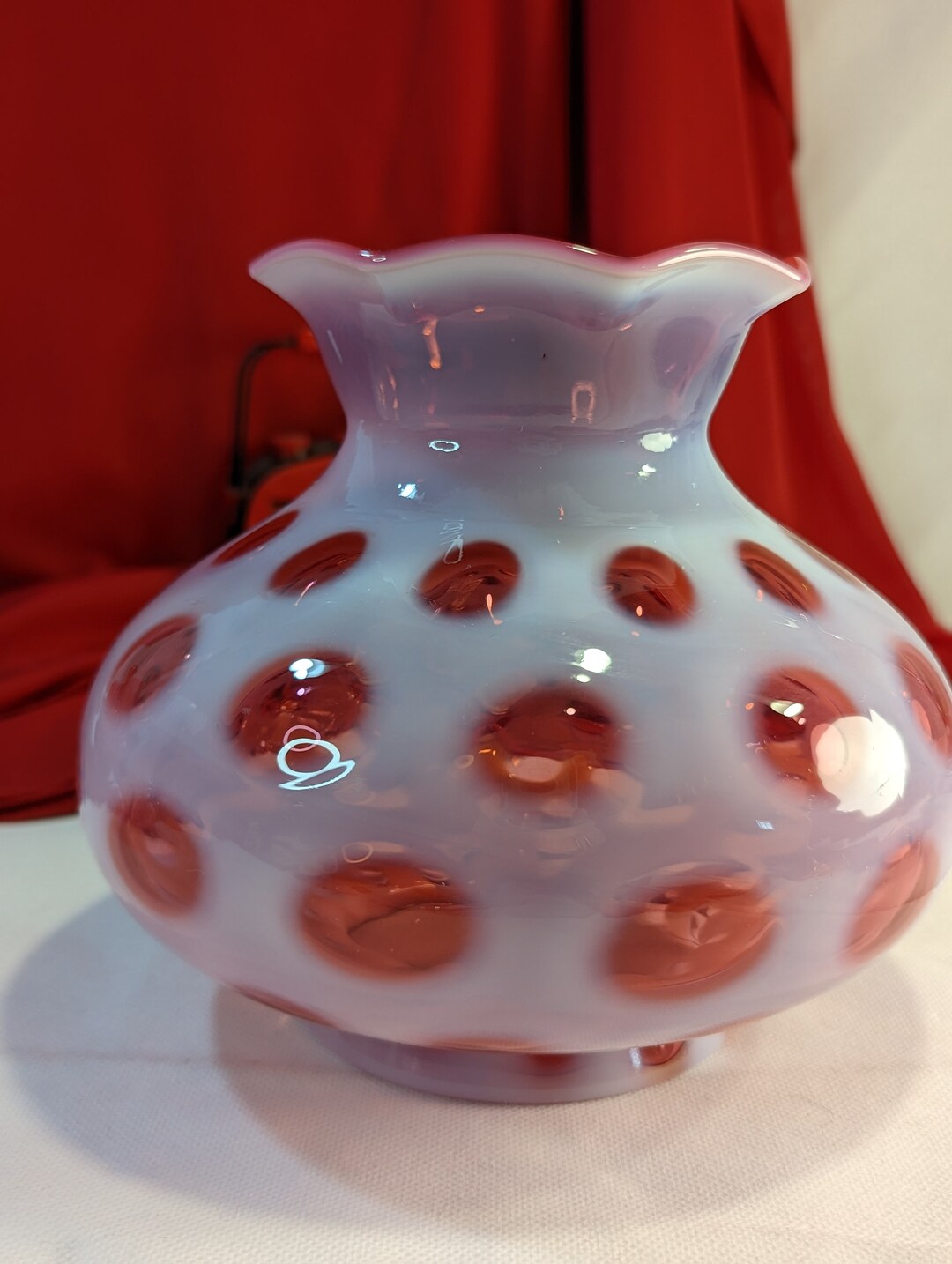 Fenton Art Glass Cranberry Opalescent Coin Dot 1440 6" Vase Crimp Rim ...