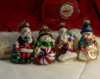 Santa Claus Snowman Christmas Ornaments Vintage Santa and Snowmen set of 4 Hand Blown and hand decorated glass Christmas Tree Decorations