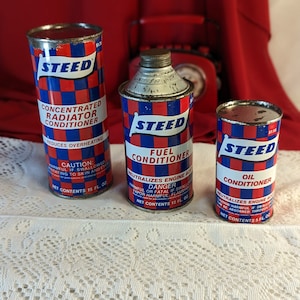 Steed Automotive Products Collectible Set of Three, Oil Radiator Fuel Conditioner Vintage Oil Can Cans Man Cave or Shop Decoration Auto