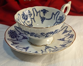 Coalport Cobalt Blue Tea Cup and Saucer Set, Garland Pattern, England Fine China