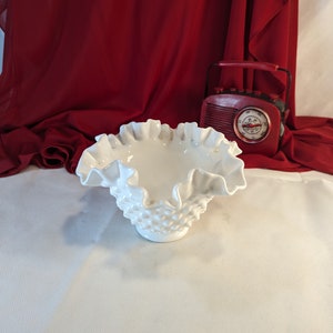 Fenton Art GLass Hobnail Milk Glass Double Crimp Rose Bowl Vase 7&quot; Bowl Vintage Pressed Glass