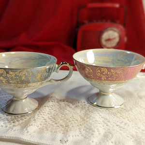 Footed Tea Cup White Lustreware Japan Set Of Two Pink Band Blue Band Gold Filigree Footed Tea Cups