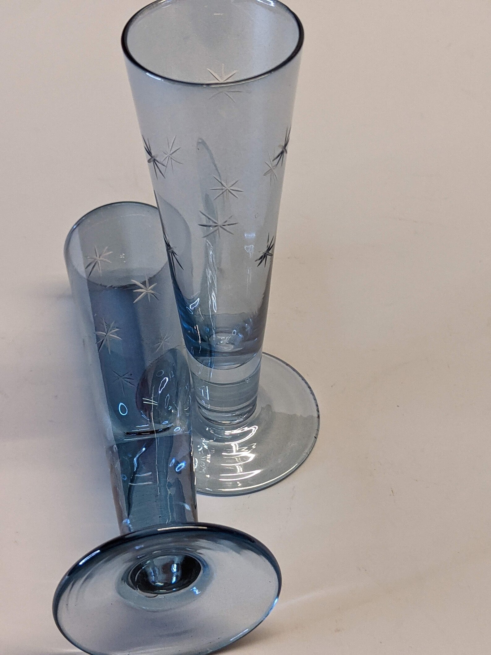 Vintage Etched glass cut glass blue shot glasses mid century Etsy