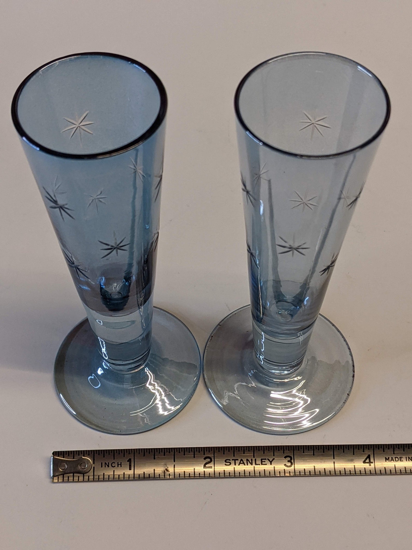 Vintage Etched glass cut glass blue shot glasses mid century Etsy