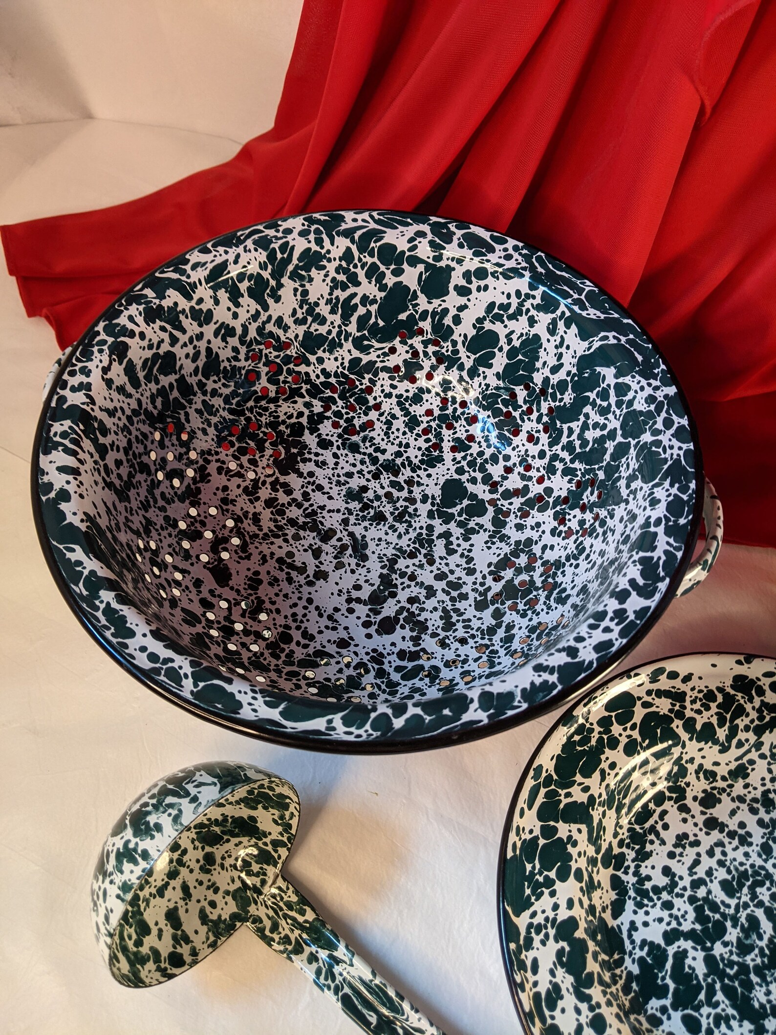 Vintage enamel splatterware green on white enamelware kitchen Etsy