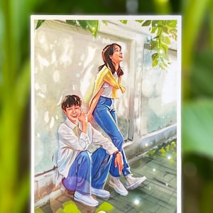 May include: A watercolor illustration of a couple standing in a sunny alleyway. The woman is wearing a yellow shirt and blue jeans, and the man is wearing a white shirt and blue jeans. They are both smiling and looking up at the sky.