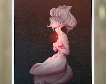 May include: A digital illustration of a woman with long, flowing hair, sitting on a pillar. She is depicted in a soft pink color, with a glowing red light emanating from her chest. The background is a dark, almost black, color.