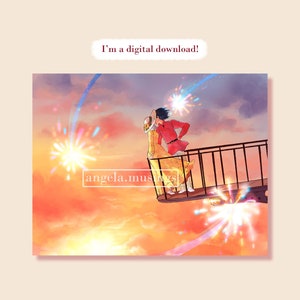 May include: A digital illustration of two people standing on a platform in the sky, looking at a colourful firework display. The sky is a vibrant orange and pink, with clouds and a bright sun. The people are wearing casual clothing and are smiling. The text "I'm a digital download!" is written in red at the top of the image.