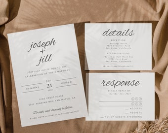 May include: Wedding invitation suite with white cards on a brown background. The invitation card features the names "joseph + jill" and details about the wedding ceremony. The second card has the heading "details" and includes information about the reception and accommodations. The third card has the heading "response" and includes a RSVP section with a space for guests to indicate their attendance.