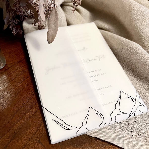 Printable Vellum Paper Jacket DIY Wedding Invitation Sleeve 5x7 Downloadable Vellum Wrap Mountains Minimal Elegant