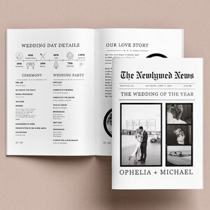 Newspaper Wedding Program Template, Canva Editable Wedding Newspaper, Printable Wedding Program, Word Search, Wedding Day Timeline, Magazine