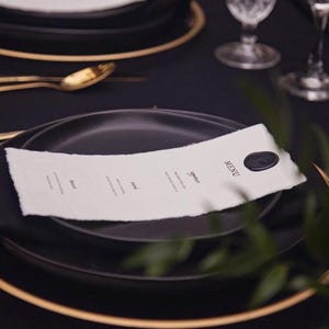 Black and White Wedding Menu: Dark Green Text, Wax Seal, Printed