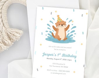Otter 1st Birthday Invitation Template: Blue Baby Boy Party (Canva Editable, Digital Download)