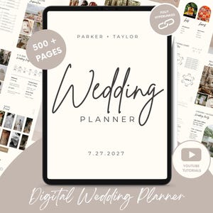 May include: A digital wedding planner on a tablet screen. The planner has a light brown background with black text. The text says "Wedding Planner" and "500+ Pages". The date "7.27.2027" is also on the screen. The tablet is on a light brown surface. The text "Digital Wedding Planner" is at the bottom of the image.