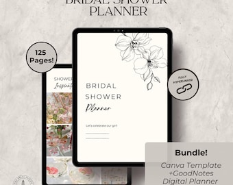 May include: Digital bridal shower planner displayed on two tablets. The planner features a floral design and the text "BRIDAL SHOWER PLANNER." Additional text includes "125 Pages!" and "Fully Hyperlinked." The bundle includes a Canva template and a GoodNotes digital planner.