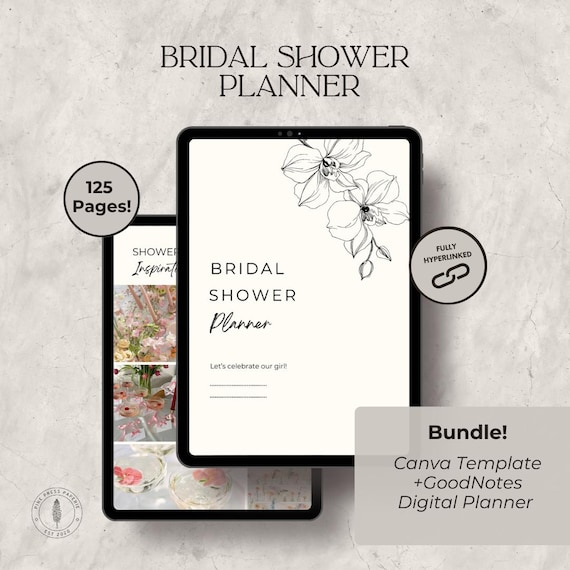 Bridal Shower Planner Bundle: 125-Page Canva Template + GoodNotes PDF