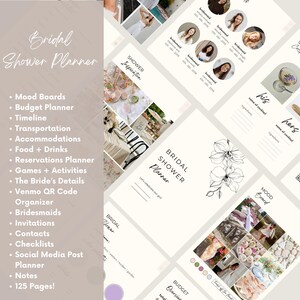 May include: A light beige bridal shower planner with a floral design and the words "Bridal Shower Planner." The planner includes sections for mood boards, budget, timeline, and more. The planner has 125 pages.
