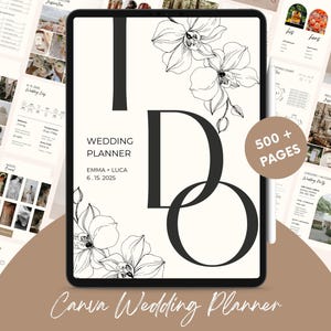 May include: A digital wedding planner on a tablet screen with a white background and black text. The planner features the words "Wedding Planner" and "I Do" in large black letters. The text "Emma + Luca" and "6.15.2025" is also visible. The tablet is surrounded by other pages of the planner, which are visible in the background. The planner is designed to help couples plan their wedding.