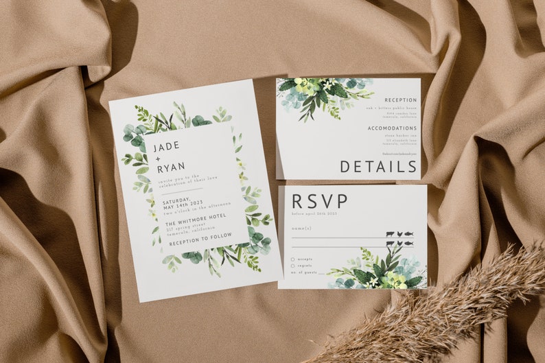 Greenery Wedding Invitation Template, Printable Wedding Invitation, Edit with TEMPLETT, Wedding Invitation, Summer, suite, set, Instant image 2