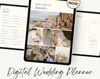 May include: A digital wedding planner on a tablet screen. The planner includes a checklist, a daily planner, and inspiration for table decor. The text on the screen reads "Getting Started", "Twelve to Nine Months Out", "Table Decor Inspiration", "Daily Planner", and "Download Now".